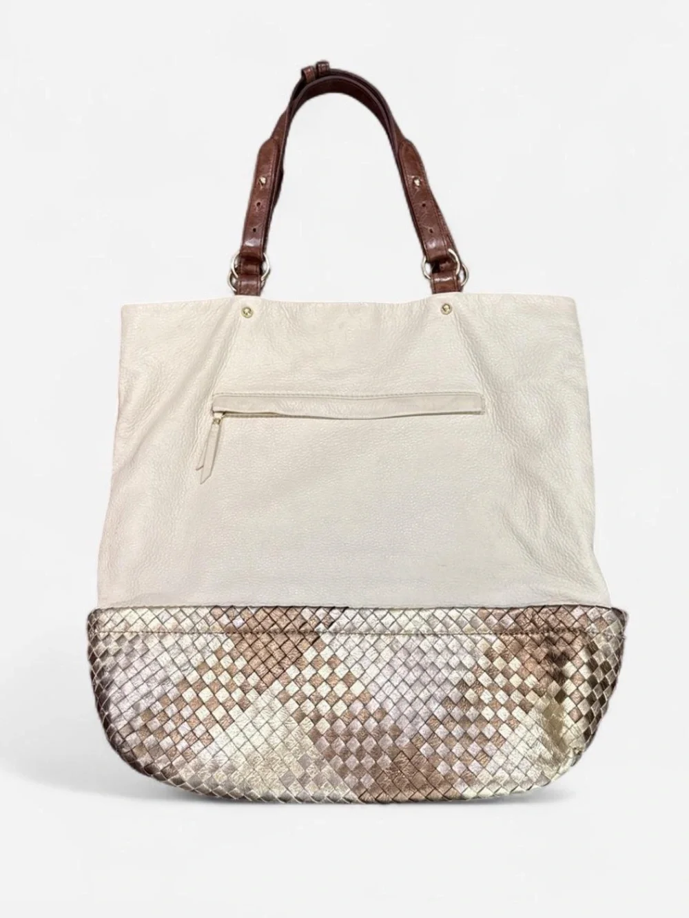Elliot Lucca Cream Leather Tote Metallic Woven bottom Accent Brown Handles